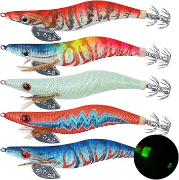 5pcs Luminous Squid Jigs Saltwater Fishing Lures Glow Tail Squid Jig Hooks Stainless Steel Needles Cuttlefish Sleeve Squid Jig Baits Night Fishing