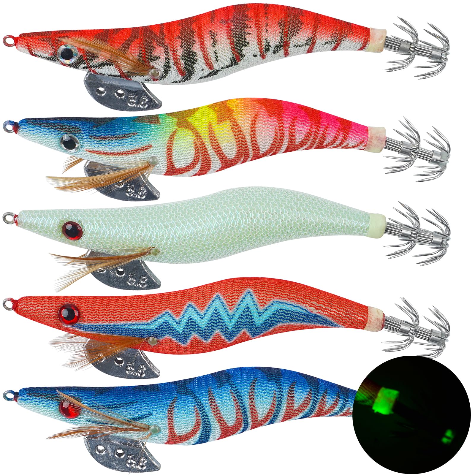 5pcs Luminous Squid Jigs Saltwater Fishing Lures Glow Tail Squid Jig Hooks Stainless Steel Needles Cuttlefish Sleeve Squid Jig Baits Night Fishing