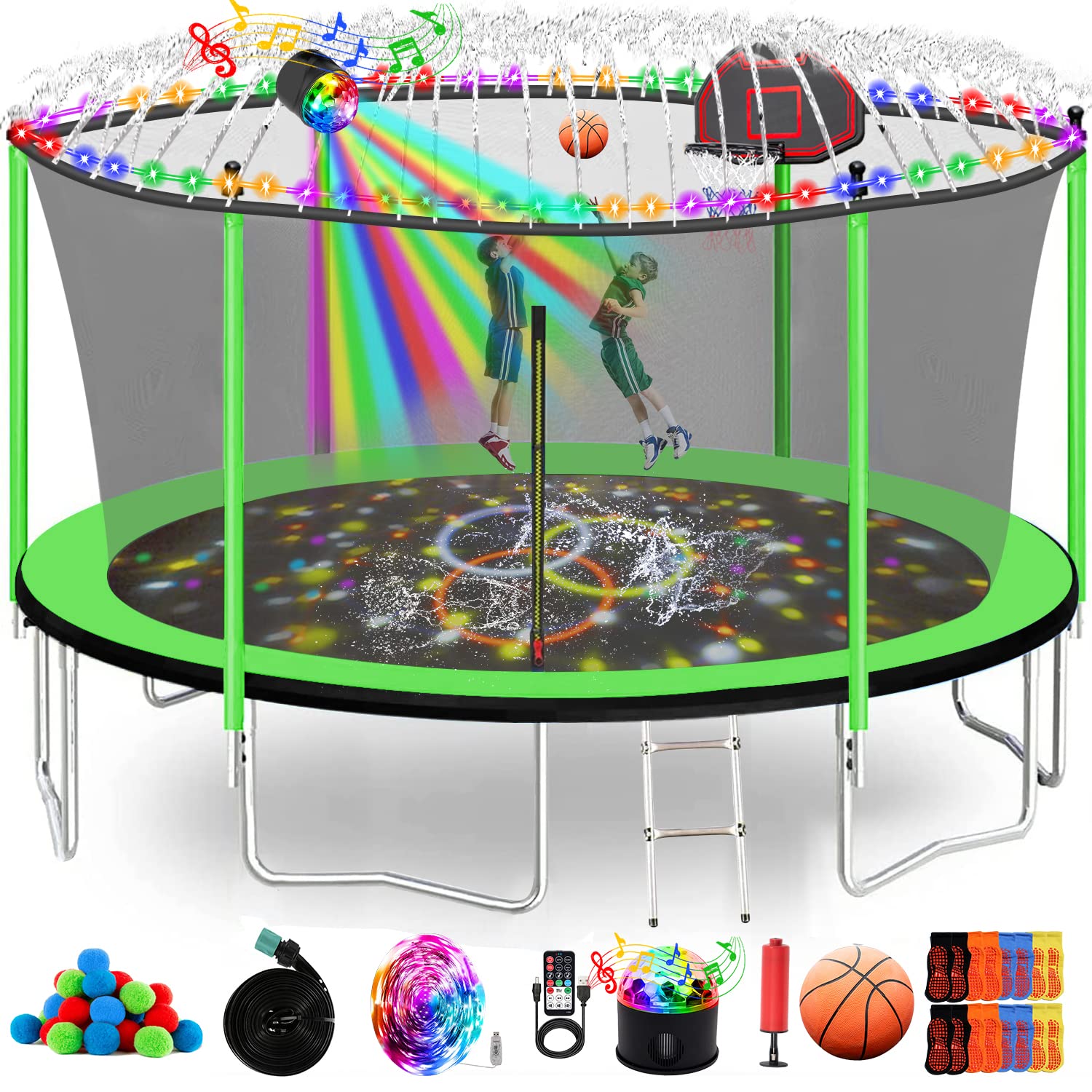 Goujxcy 1000 LBS 12FT Trampoline for Kids and Adults, Outdoor Trampoline with Sprinkler, Basketball Hoop, Lights with Speaker, Enclosure Net, Water Balls, Socks - ASTM Best Heavy Duty, Green