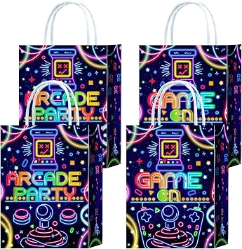 16 Pieces Game on Goodie Bags for Gamer Birthday Party Supplies,Arcade Gaming Gift Snacks Treat Candy Party Favors Bags with Handles for Kids Adults Video Game Theme Party Decorations Arcade-Blue