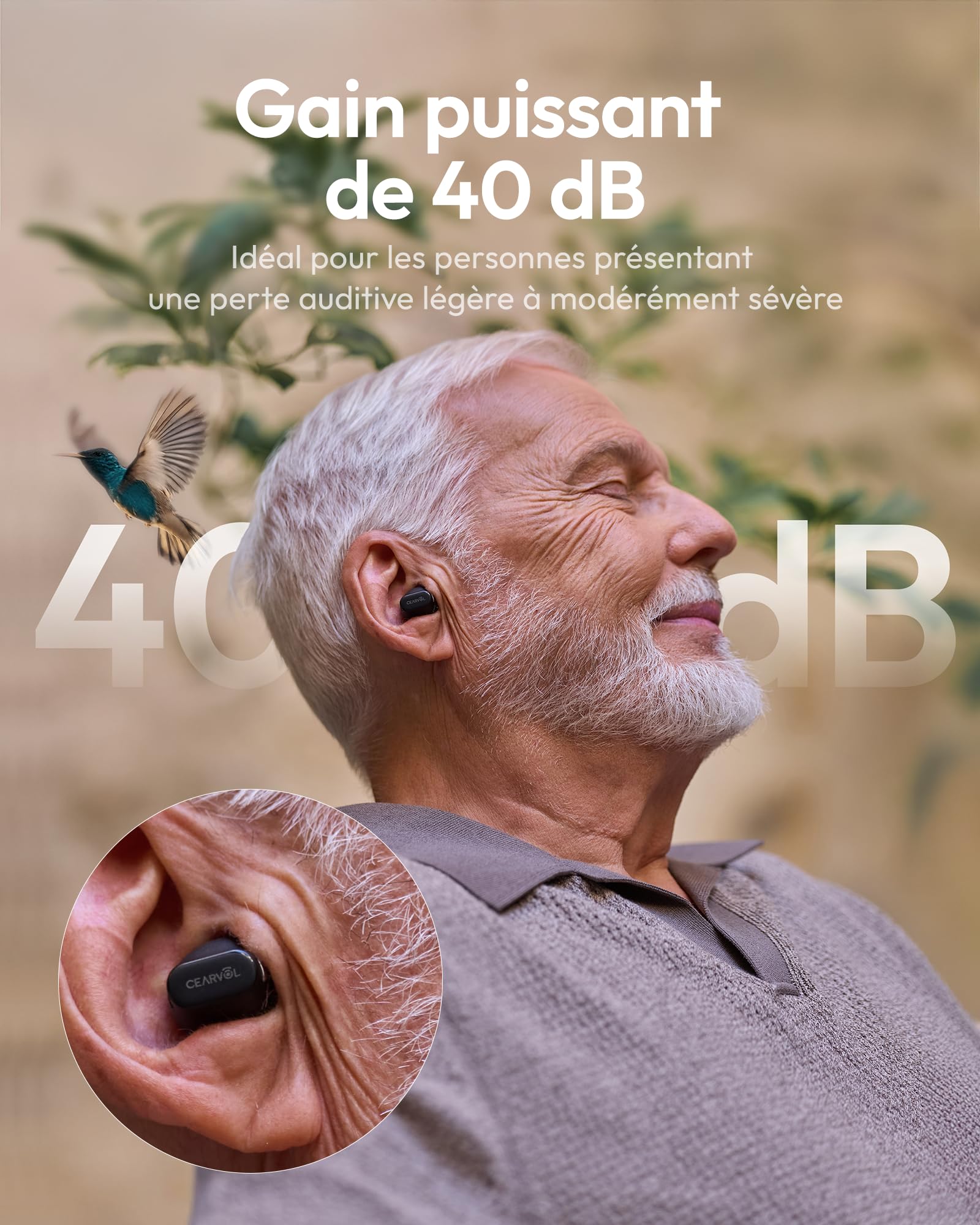 Wave Lite Amplificateur Sonore–Rechargeable, Bluetooth, Contrôle via application, Réduction du larsen, Entrée AUX, pour les personnes âgées, Lumière stellaire