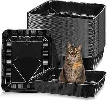 Zubebe 50 Pack Disposable Cat Litter Box for Cats, Large Disposable Kitty Litter Tray Boxes 19.69 x 15.75 x 3.94 Inches Plastic Pets Pan Standard for Indoor Home Travel PortableBlack