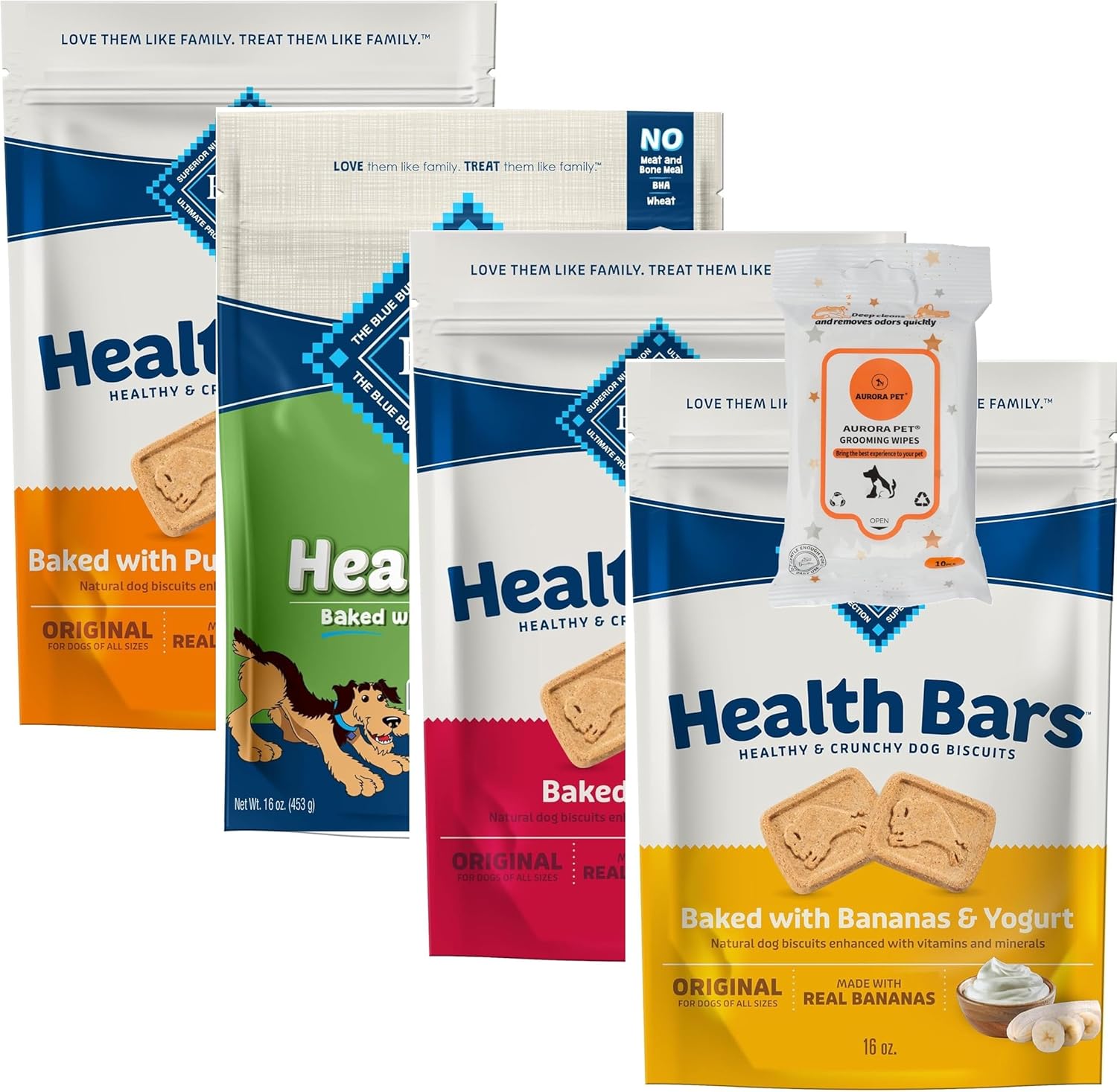 Aurora Pet Variety Pack (4) Blue Health Bars Crunchy Dog Treats (16-oz Each) with AuroraPet Wipes