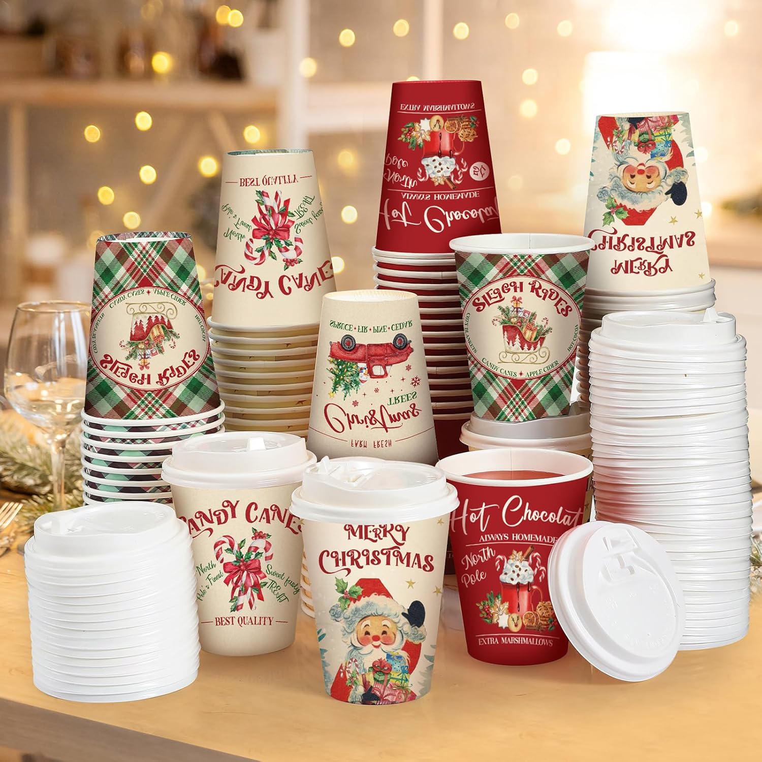 Gerrii 100 Set Christmas Paper Cups Disposable 12 oz with Lids Hot Chocolate Cups Coffee Cups Holiday Hot Cups for Hot and Cold Drinks Tea Water Bar Supplies Winter Season (Classic Style)