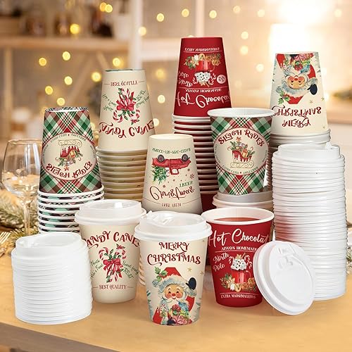 Gerrii Juego de 100 vasos de papel de Navidad desechables de 12 onzas con tapas, tazas de chocolate caliente, tazas de café, tazas calientes de