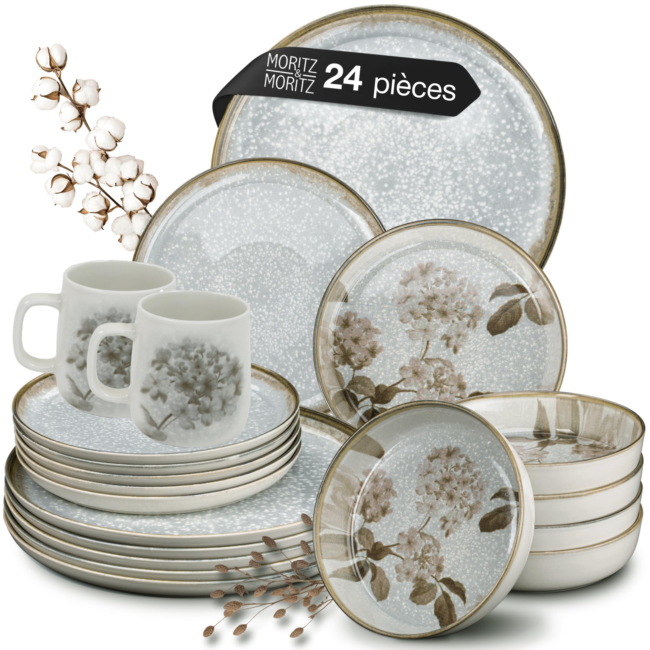 Moritz & Moritz BLOSSOM Service de table en porcelaine pour 6 personnes 24 pièces – Service de table moderne au design ludique – Service à café facile d'entretien avec assiettes, bols et tasses