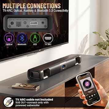 Sound Bar for Smart TV, 60W Deep Bass Soundbar with Clear Voice | Bluetooth 5.3/Optical/Auxiliary Inputs, Dual Bass Drivers, Surround Sound, Slim Wall Mount Design for TV/PC/Gaming/Projector