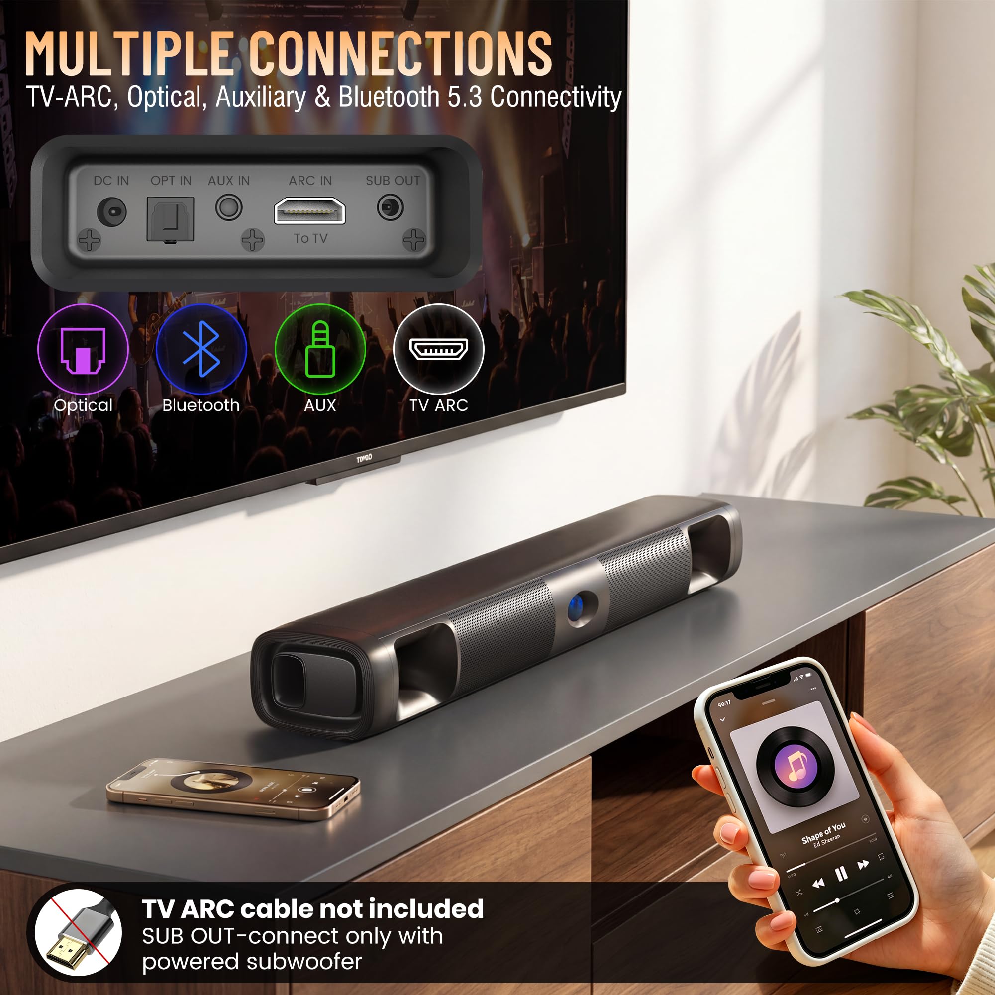 Soundbar für Smart TV, 60W Bluetooth 5.3 Soundbar mit tiefem Bass & klarer Stimme, Surround-Sound mit TV ARC/Optisch/AUX, Schlanke 43,2 cm Wandmontage, Soundbar für TV, PC, Gaming