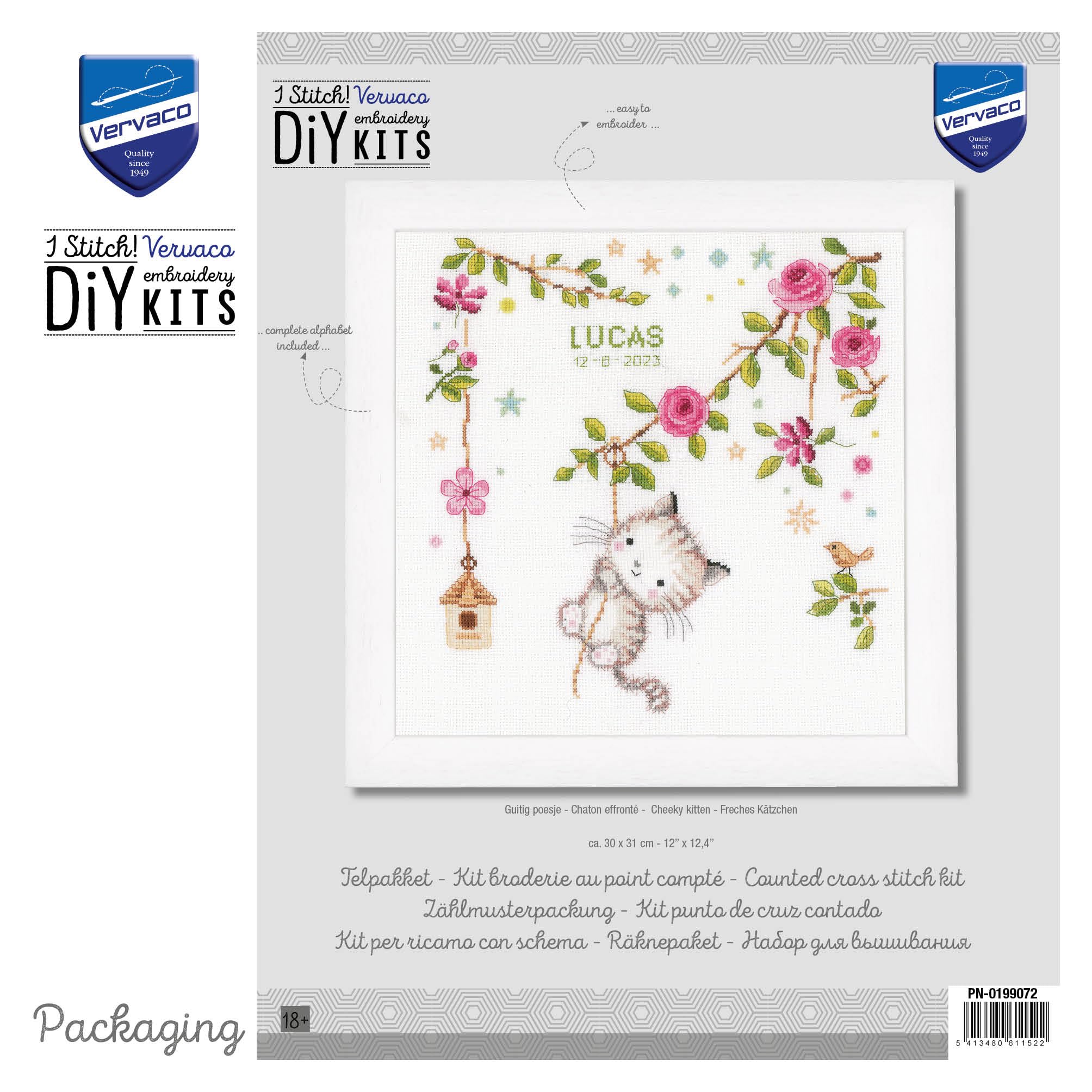 Vervaco Gezählter Kreuzstich Stickpackungen Stickset Baby Geburt Freches Kätzchen Wanddekoration Handarbeit Set für Erwachsene Kreatives Handwerk ca. 30 x 31 cm Geburt Geschenk Hausdeko