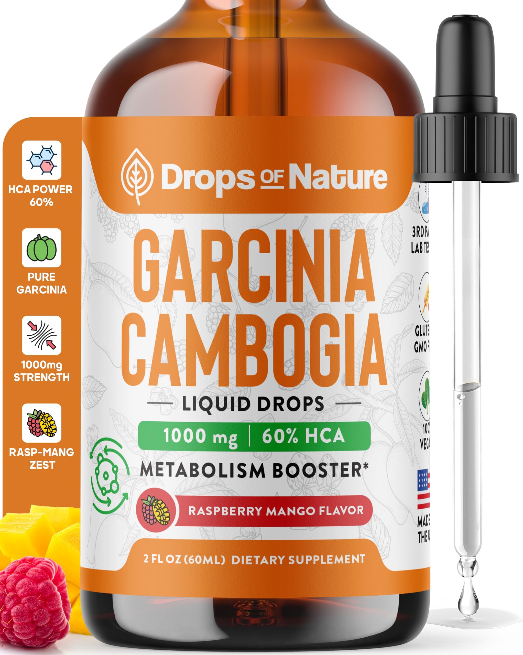 Garcinia Cambogia - Appetite Suppressant for Weight Loss - Stronger Than Pills & Capsules (60% HCA) 4X Ultra Concentrated Liquid Supplement - Carb Blocker - 2 fl. oz. Natural Raspberry Mango