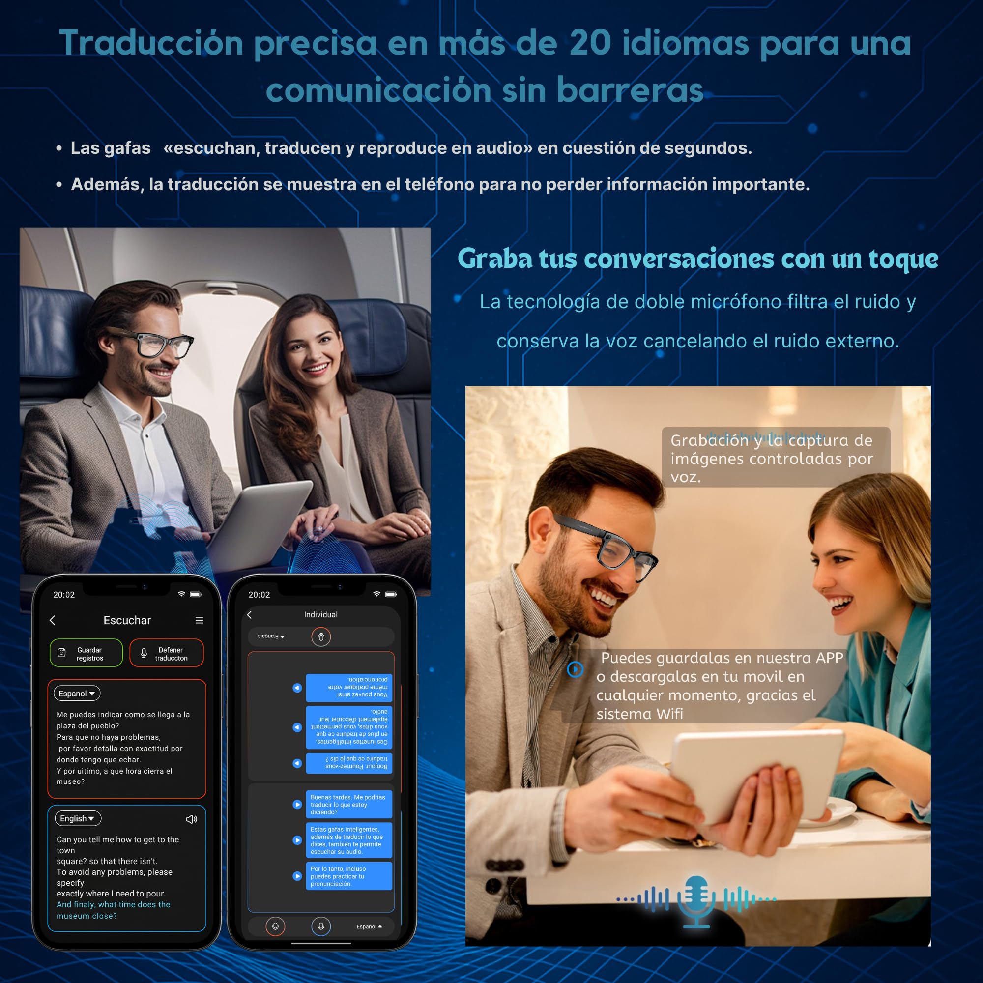Smartia Smart Glasses avec Caméra 33MP 4K, Bluetooth Mains Libres, IA GPT-5, Photochromiques, Traduction 20 Langues