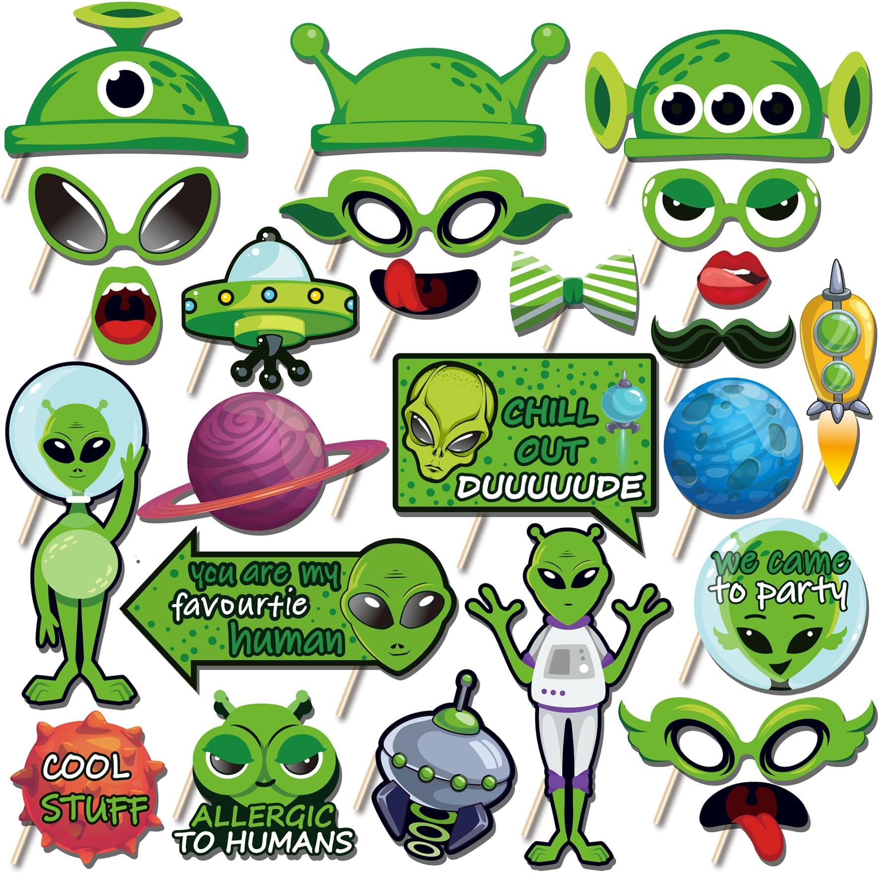 Alien Decorations - 25pcs Alien Photo Booth Props Kit, Alien Themed Party Decorations With Sticks, Space Birthday Party Photo Booth, UFO Theme Birthday Partys Decoration Props, Partys Supplies