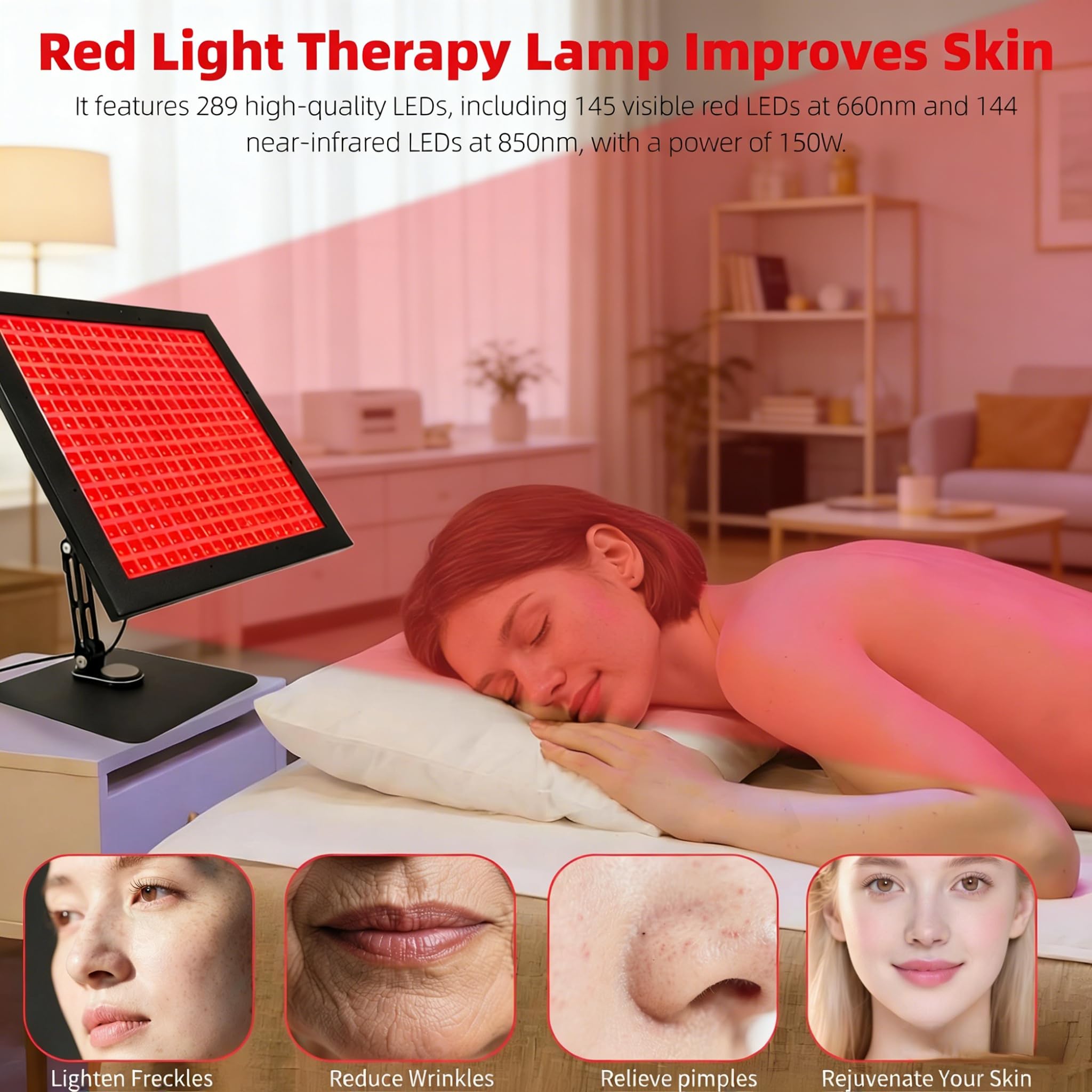 Red Light Therapy Lamp, Near Infrared Light Panel with 289 LEDs (660nm & 850nm), 150W, 5 Brightness Levels & Timer, Adjustable Stand & Angle, Full Body Care, Home Use