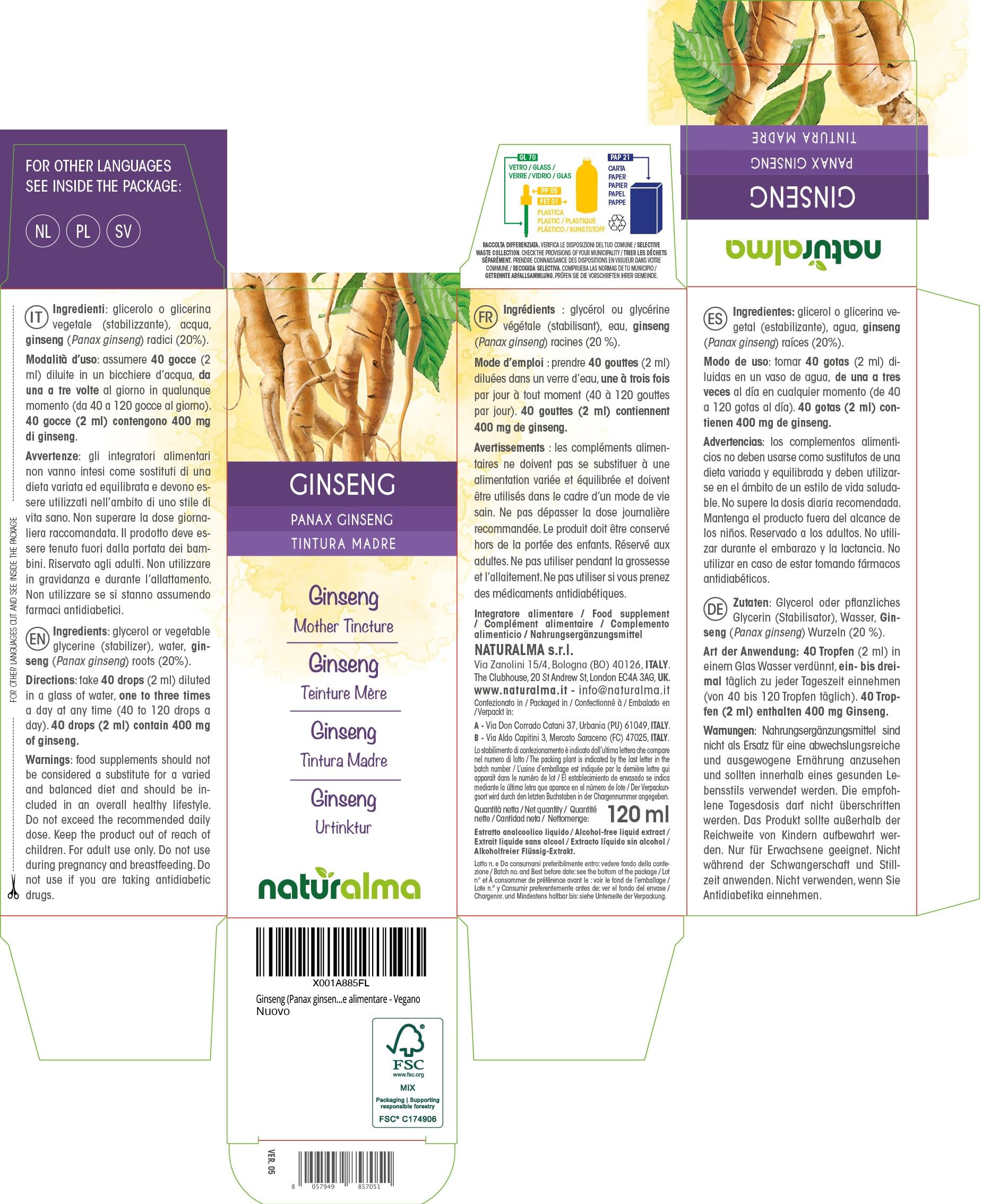 Ginseng (Panax ginseng) radici Tintura Madre analcoolica Naturalma - Estratto liquido gocce 120 ml - Integratore alimentare - Vegano