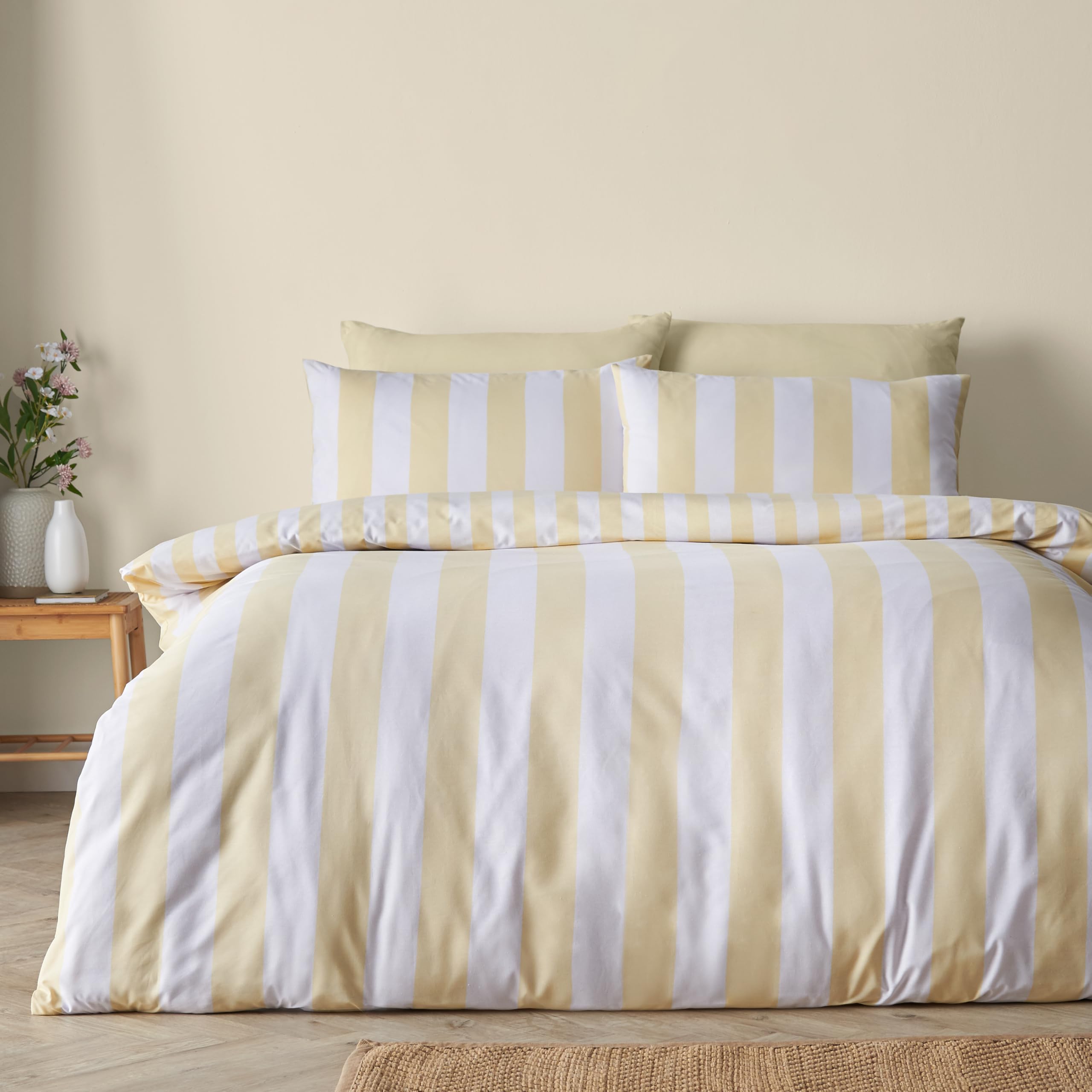 Catherine Lansfield Cove Stripe Reversible Double Duvet Cover Set with Pillowcases Yellow โ image 1