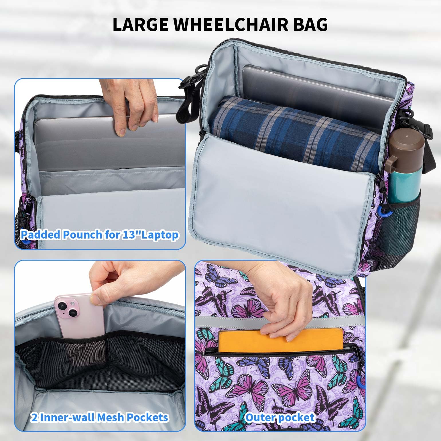 ZHCHG Bolsas para silla de ruedas, mochila para silla de ruedas con soporte para tazas, bolsas para sillas de ruedas para colgar en la parte posterior, accesorios para sillas de ruedas eléctricas