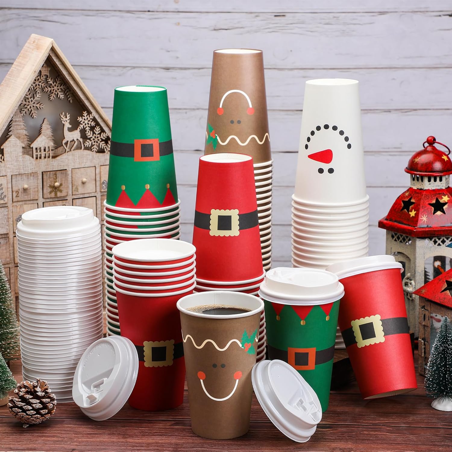 Dandat 16 oz  Christmas Coffee Paper Cups with Lids Disposable Christmas Paper Cups for Hot Cocoa Tea Beverage Holiday Xmas Party Supplies