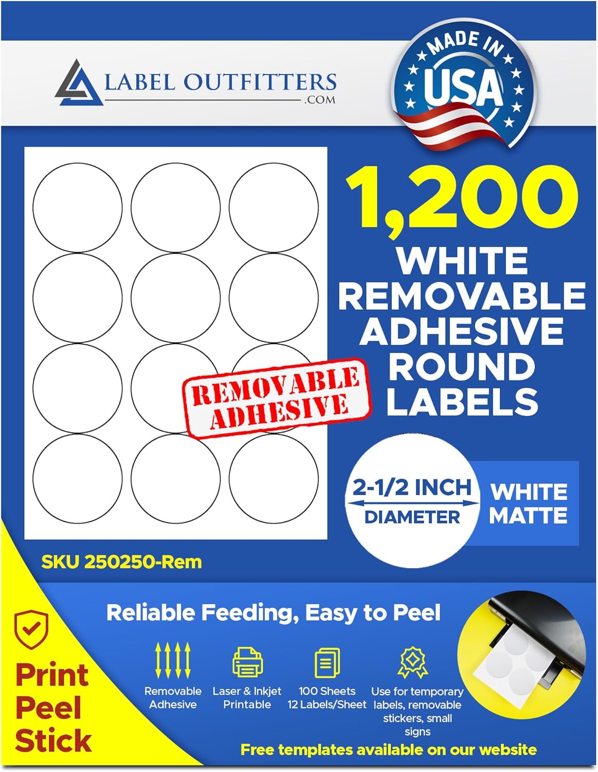 1,200 Label Outfitters Blank Printable Removable Adhesive White Round Laser & Inkjet Labels 2.5" Diameter 100 Sheets