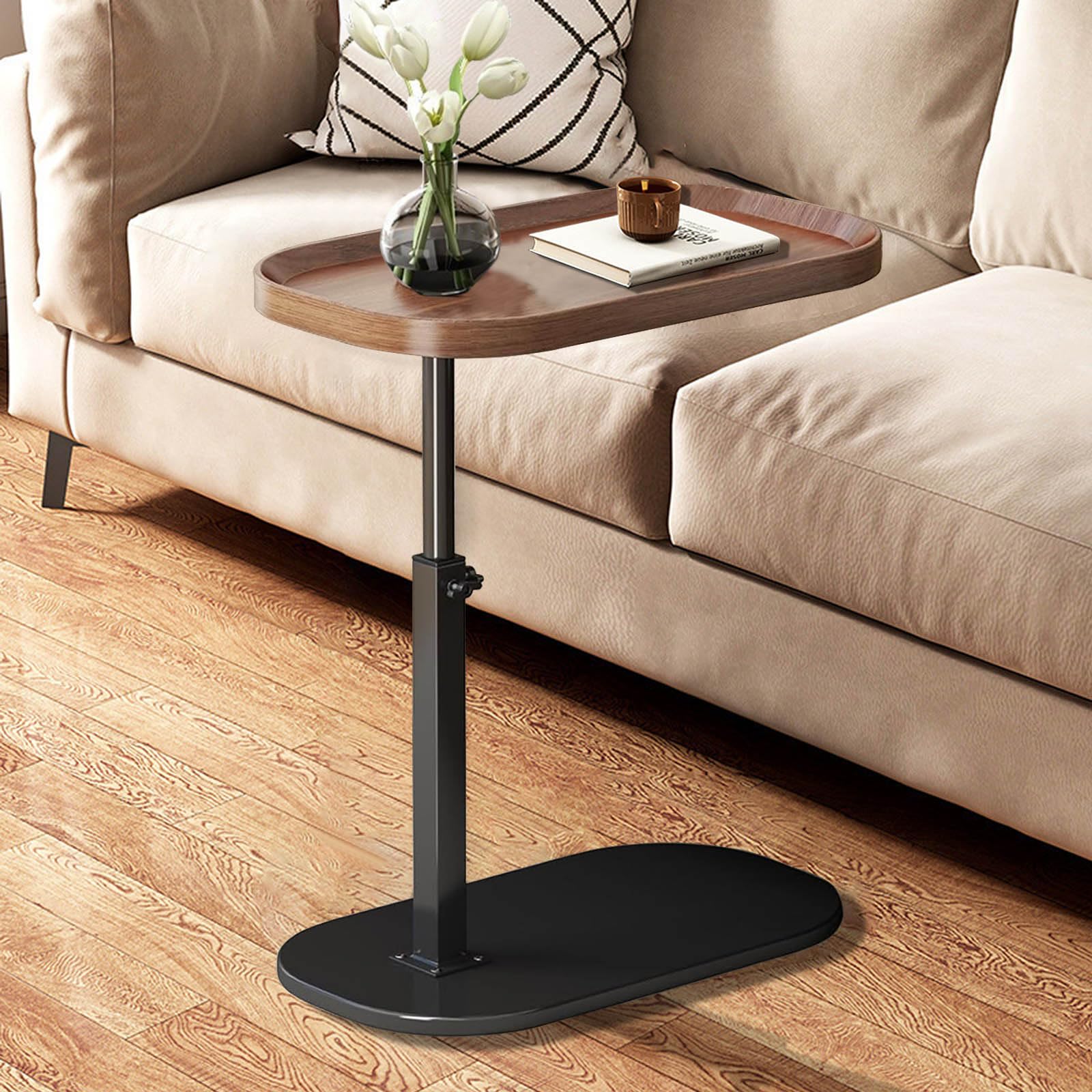 AYES Lifting Side Table 360° Swivel C Shaped End Table - TV Tray Table Narrow Concave Laptop Desk for Living Room Bedroom Bedside Nursing Sofa Reading Study Snack Tea Coffee Couch - Upgrade Walnut