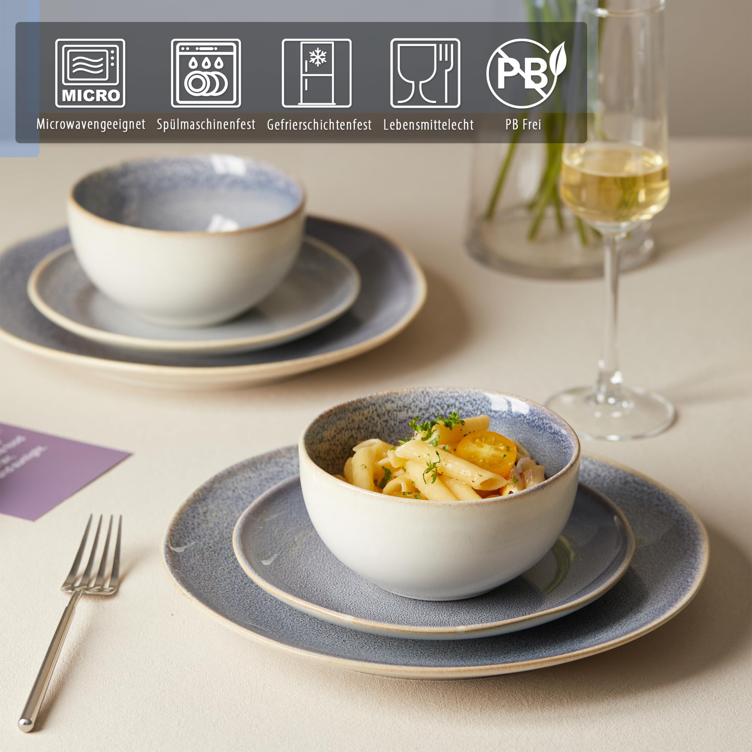 Jiwoo Geschirrset 16 tlg Tafelservice für 4 Personen aus Bone China | Mit Tellern, Suppentellern & Schüsseln – handgefertigte Reaktivglasur, Bone China, spülmaschinen- & mikrowellengeeignet