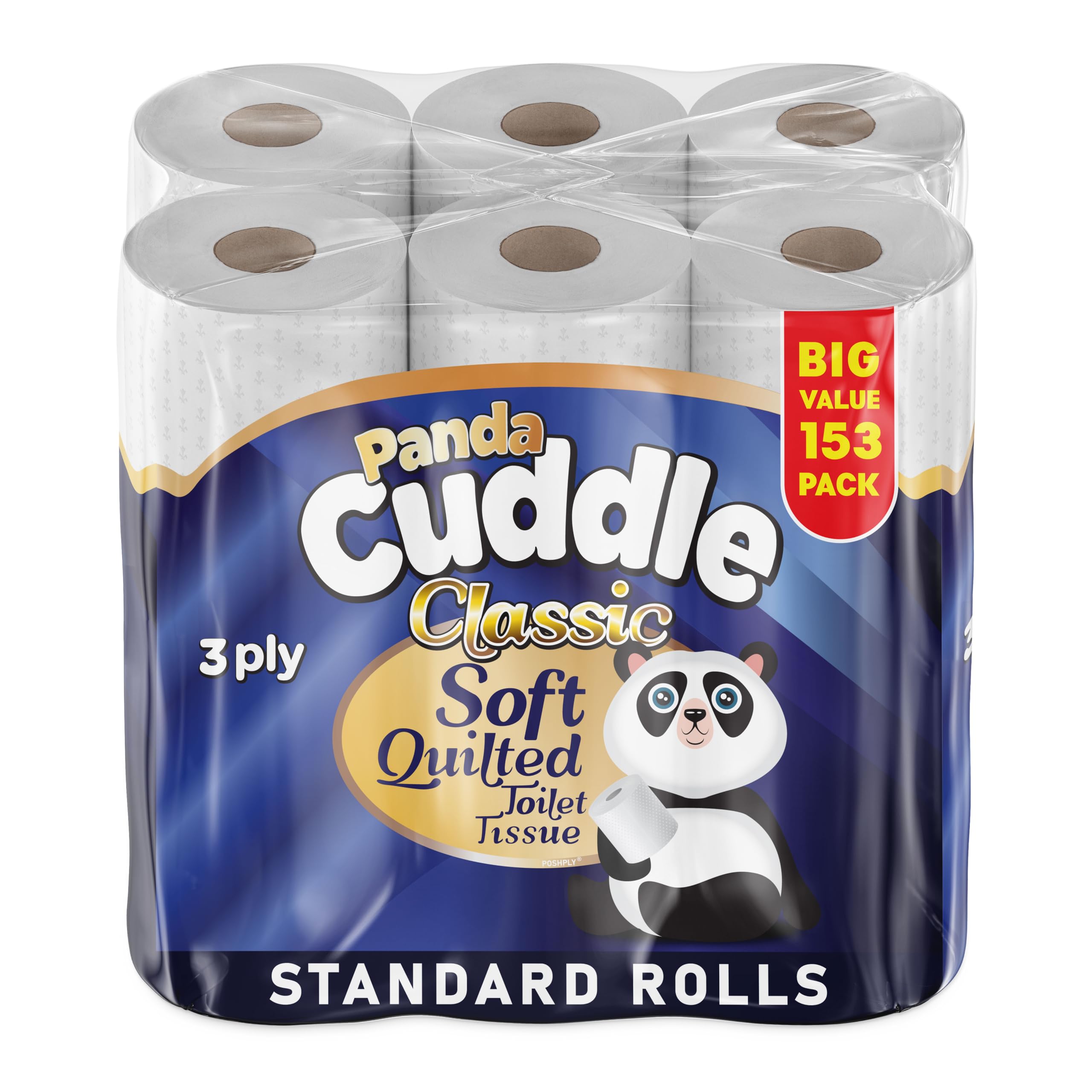 Panda Cuddle 3-lagige, geruchlose, gesteppte Toilettenpapierrollen, Großpackung – 153 Stück – superweiche, klassische Toilettenpapierrolle für Komfort und einfache Spülung, geprägtes Toilettenpapier