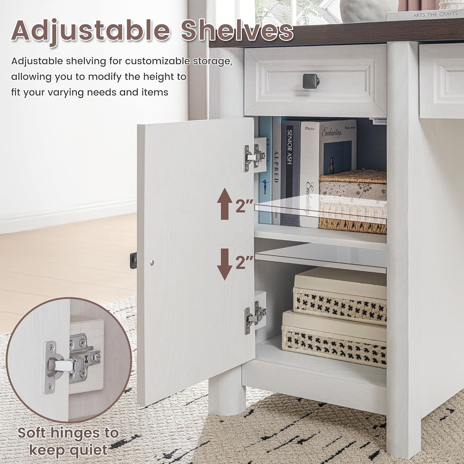 58” Executive Office Desk with Storage, White Home Office Desk with 5 Drawers, Farmhouse Writing Table with Cabinet Adjustable Shelf, White & Walnut Wooden Desk, Workspace for Study Writing