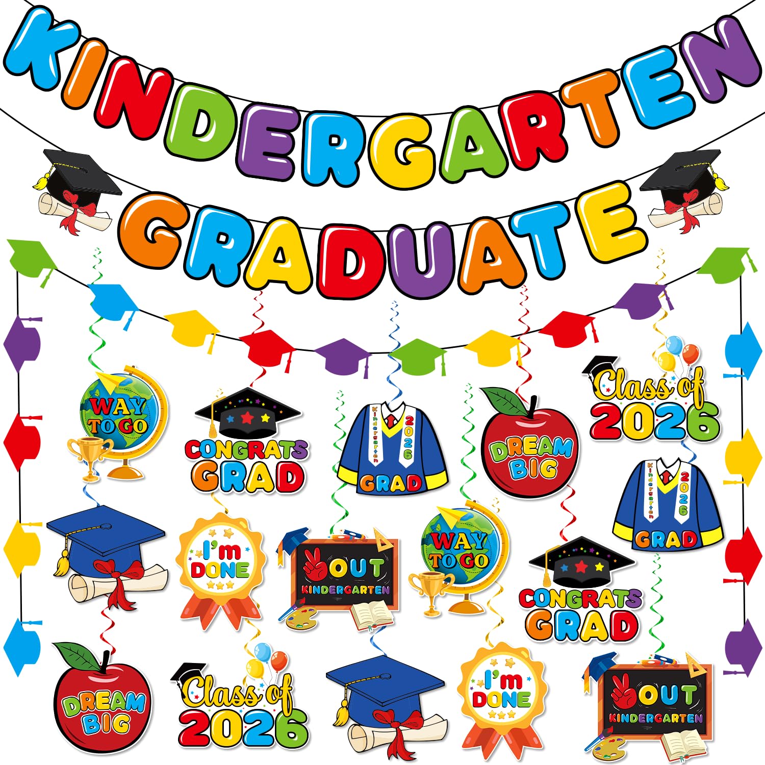 Kindergarten Graduation Decorations Banner Hanging Swirls, Kindergarten Graduation Party Decorations 2026 Banner, Class of 2026 Congrats Grad Kinder