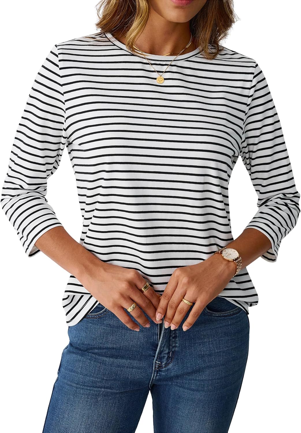 LilyCoco Womens 3/4 Length Sleeve Tops Striped Boatneck Shirt Breton French Cotton Tees - Image 4