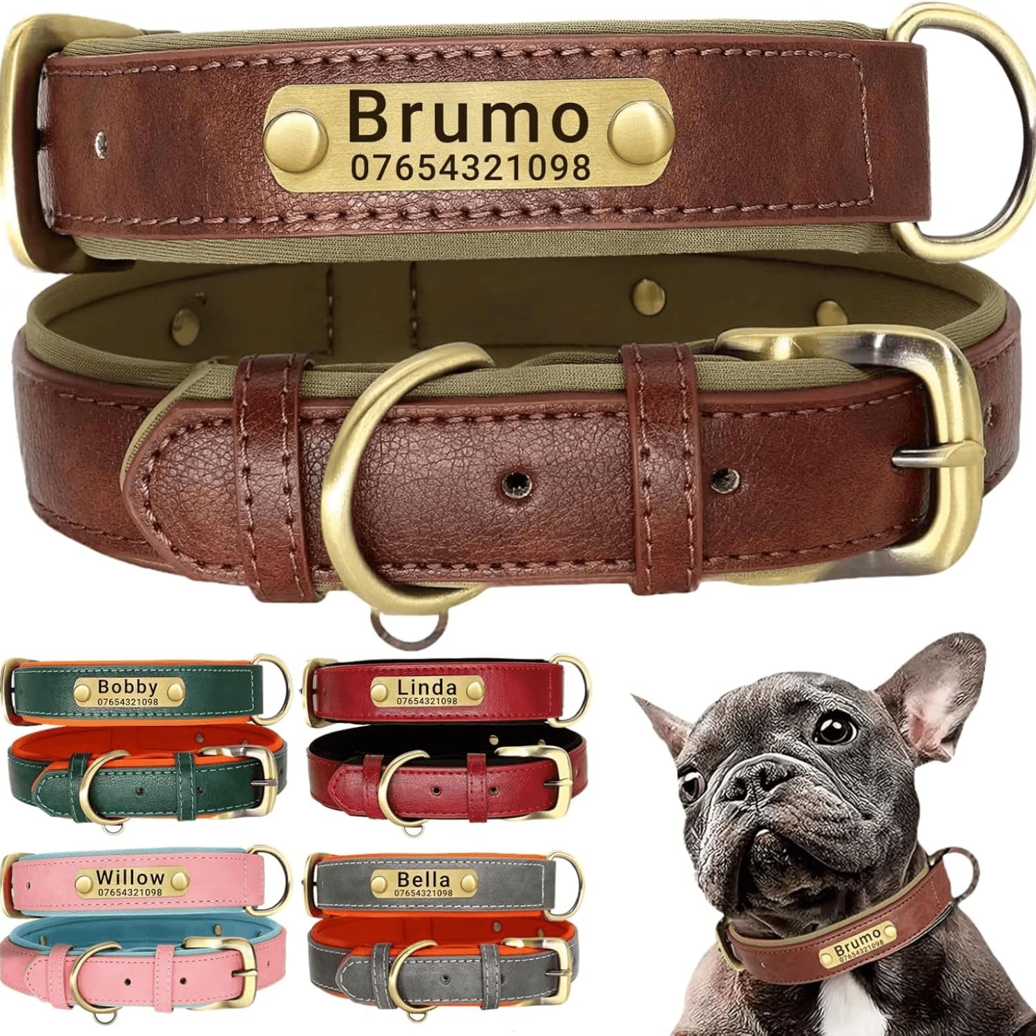 Leather Dog Collar Personalised and Leash Set, Personalized with Soft Padded Design Heavy Duty Featuring Custom Engraved Name Plate for Small Medium