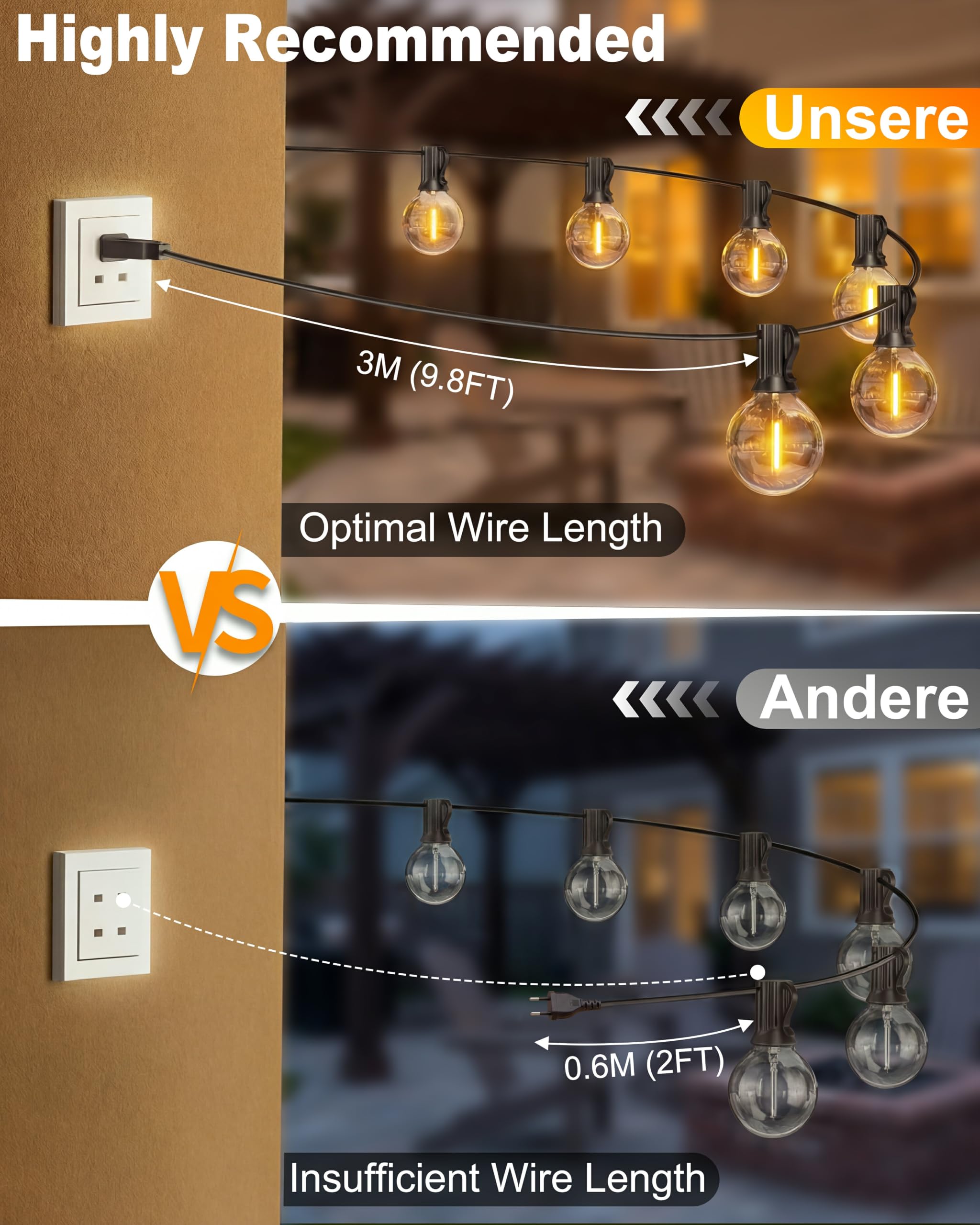 Lichterkette Außen 36M, Dimmbar G40 LED Lichterkette Strom | 50+2 G40 Glühbirnen, IP65 Wasserdichte, Bruchsicher, Anschließbar 2700K LED Strom für Balkon, Garten, Terrasse, Hochzeiten