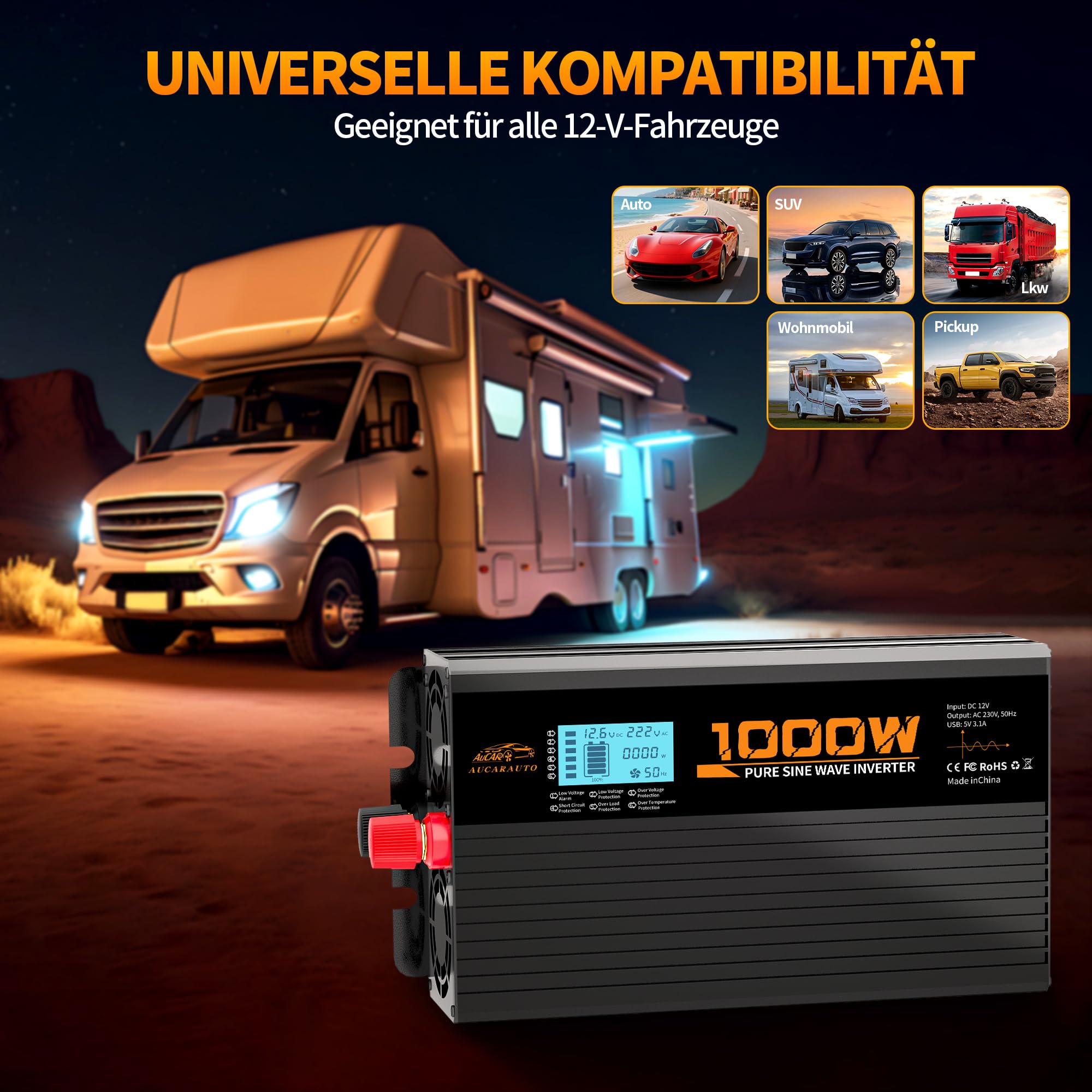 Convertitore di tensione da 1000 W/2000 W, sinusoidale pura, 12 V a 230 V, convertitore di corrente con display digitale a LED e 2 prese per auto, ricarica la macchina da caffè, frigorifero