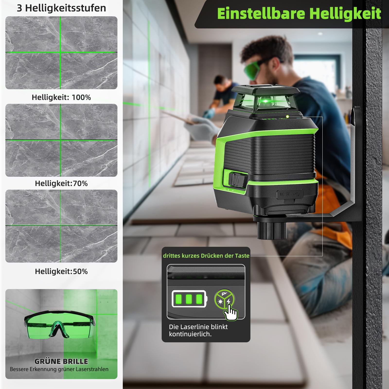 Huepar 360° Laser Wasserwaage mit 152 cm Stativ, Kreuzlinienlaser grün mit Pulsmodus, 3 Helligkeitsstufen, Selbstnivellierend, wiederaufladbarem Li-Ionen-Akku für Heimwerkerprojekte im Innenbereich