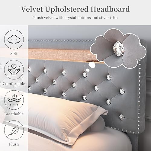 Miniatura 5 de Marco de Cama Queen con LED con 2 cajones, Marco de Cama con Plataforma Tapizada de Servicio Pesado tamaño Queen con almacenamiento y cabecera Negro