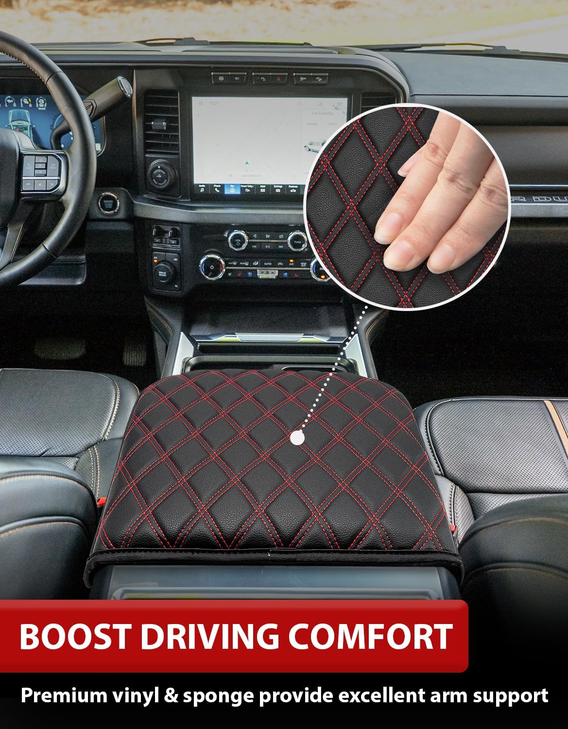 KBH Center Console Armrest Cover for Ford F250 F350 F450 F550 2023 2024 2025 2026, Bucket Seat Console, Super Duty Accessories, Arm Rest Lid Cushion Covering, Anti-Scratch, Black-Red Stitch