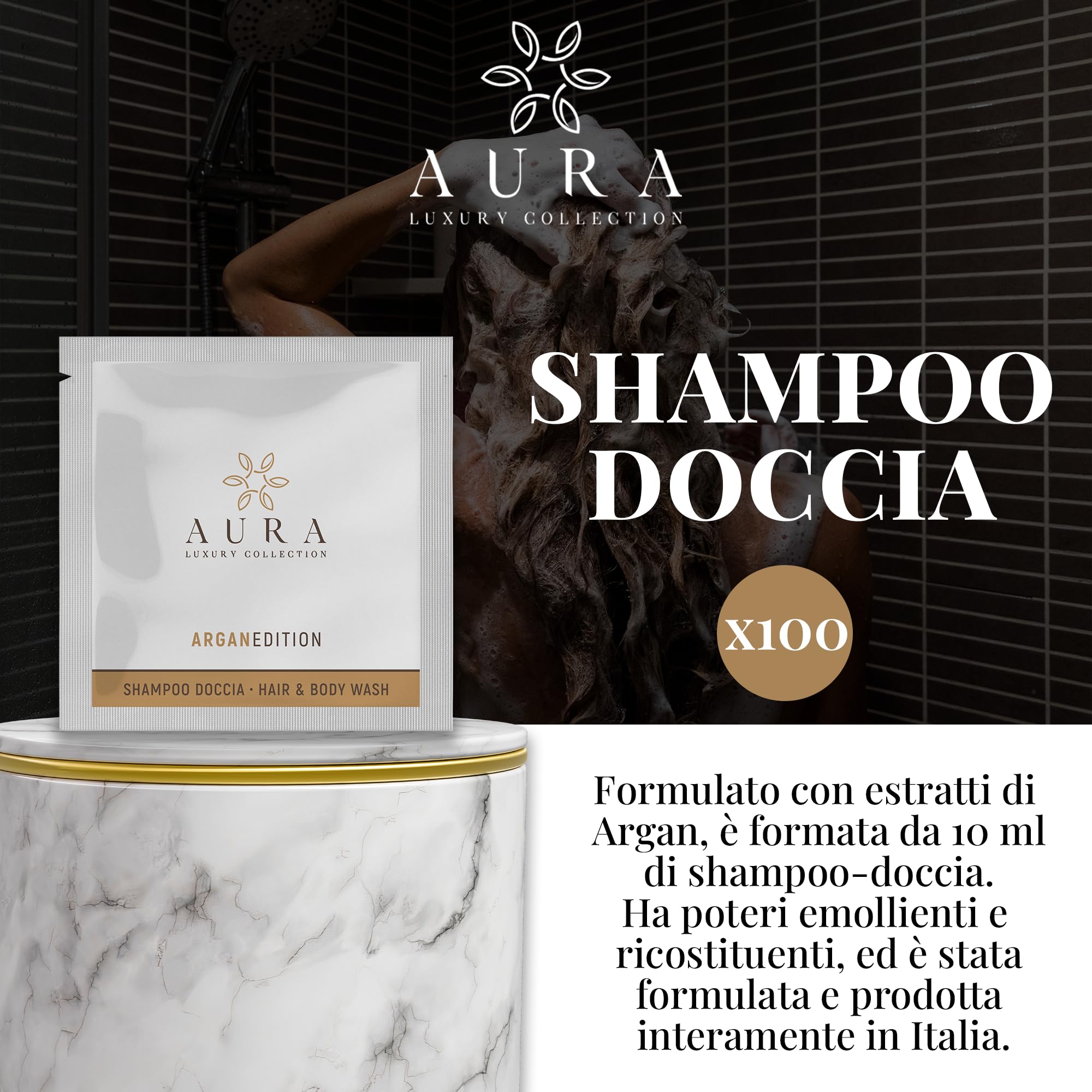 Aura Luxury Collection Set mit 295 Teilen: 100 Duschbeutel à 10 ml, 70 Flaschen Intimhygiene zu 20 ml, 40 Einweghauben, 85 Seifen à 9 g und 500 Bänder