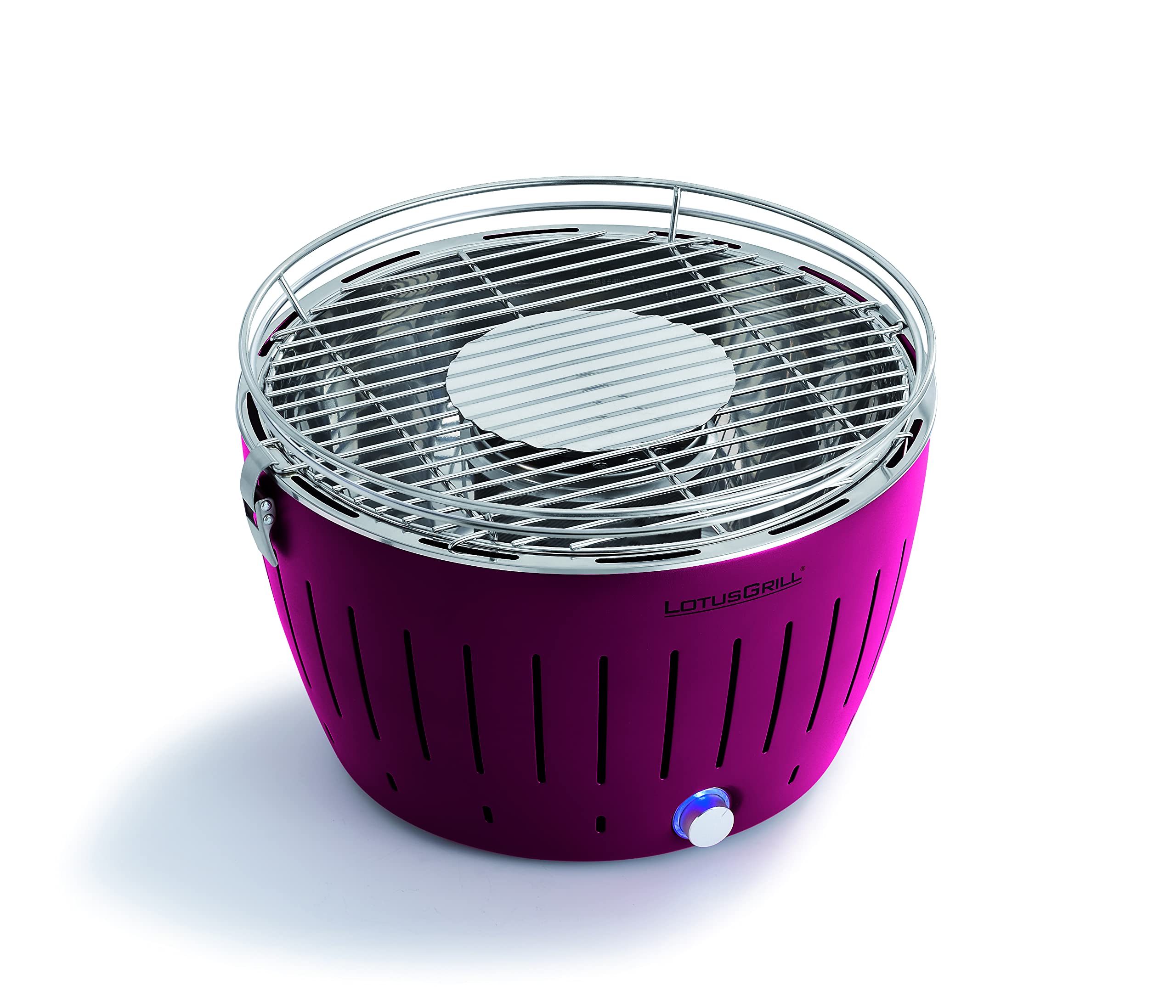 LotusGrill Starter-Set Classic 1x Grill Pflaumenlila mit USB-Anschluß, 1x Buchenholzkohle 2,5 kg, 1x Brennpaste 200ml, 1x Zange (Farbe nach Vorrat), 1x Tragetasche - der raucharme Holzkohlegrill