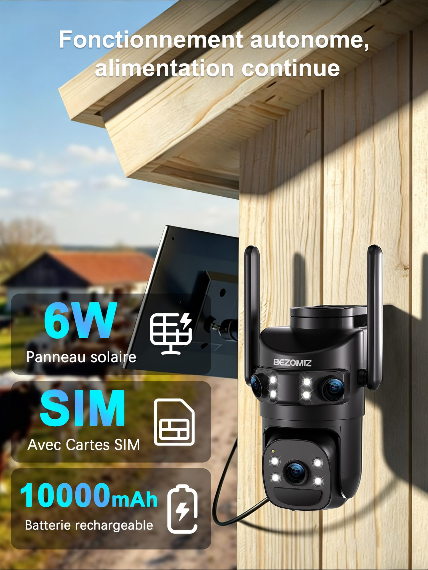 4G LTE telecamere di sorveglianza solare con scheda Sim,AOV 24/7,a triplo obiettivo,4K Rilevazione umana,360° PTZ Telecamera esterna,Monitoraggio automatico,Audio bidirezionale,IP66,Visione Notturna