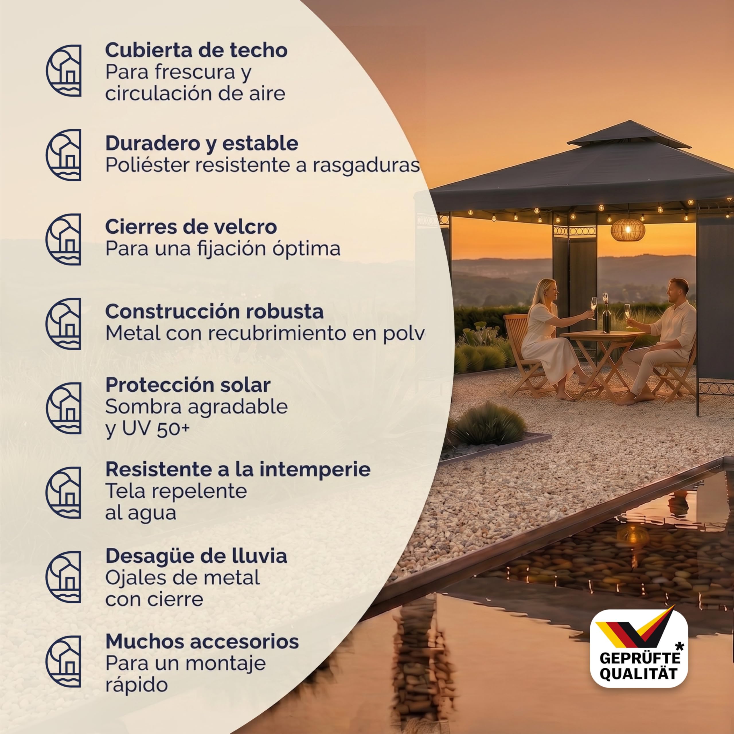 Casaria Cenador Lorca Jardín 3x3m Pabellón Pérgola Carpa Protec. UV 50+ Repele Agua Doble Techo