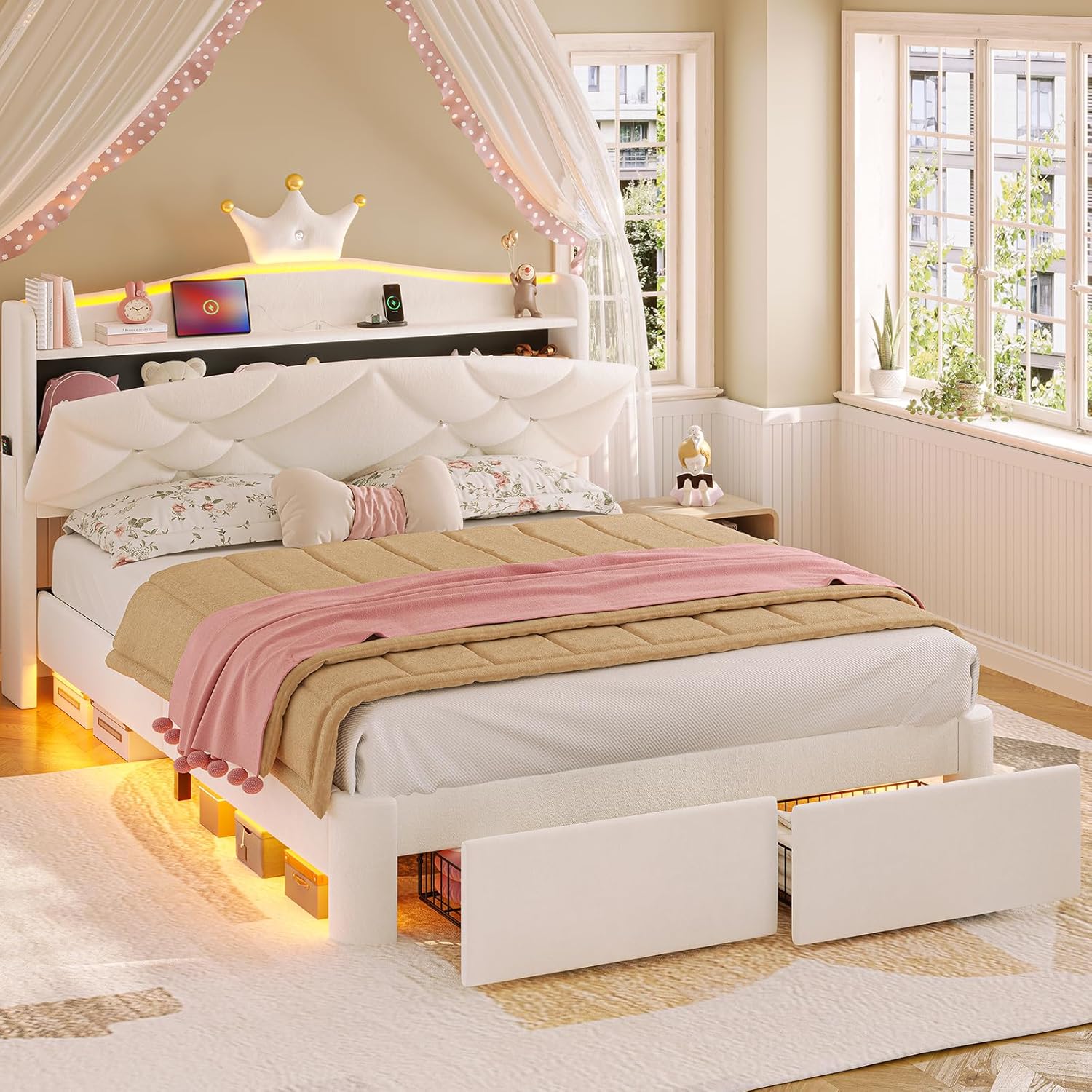Diagram showing the dimensions and structural components of the bed frame, including headboard height, bed length, and width.