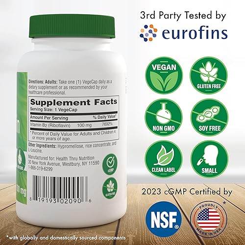 Miniatura 2 de Health Thru Nutrition Riboflavina 100 mg de vitamina B2  Vegana  Apoya la función metabólica de energía saludable y el sistema nervioso  Probado por