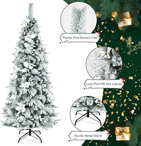 Miniatura 3 de DORTALA Árbol de Navidad artificial, lápiz flocado de nieve de 7 pies, árbol de Navidad delgado con 627 puntas de rama, bayas blancas, flores de
