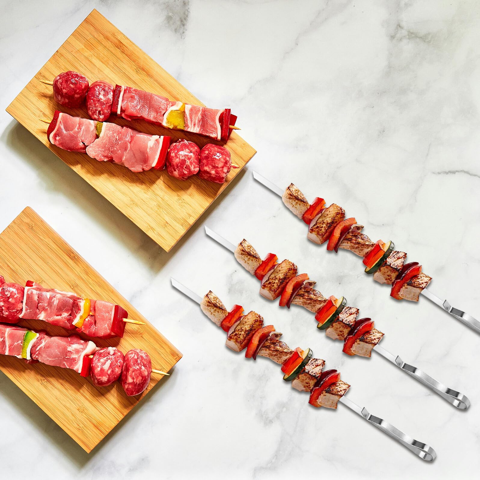 Spiedini per Barbecue in Acciaio Inox Ondulati, Argento | Base e Borsa Incluse, per Party All’aperto e Picnic, Impugnatura Antiscivolo e Trasporto Facile