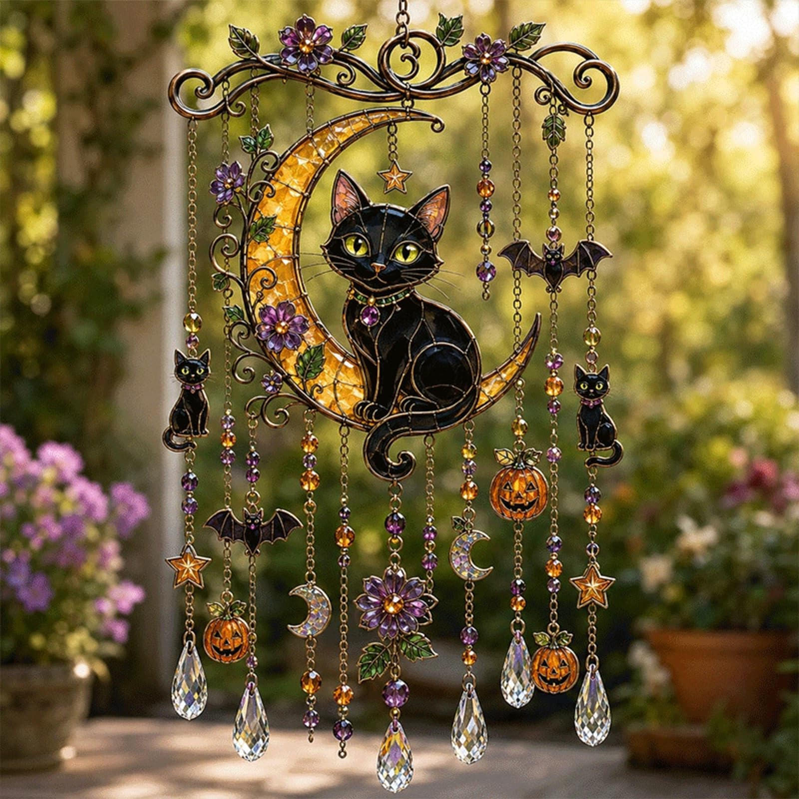 Halloween-Themed Crystal Wind Chime, Halloween Glass Suncatcher Wind Chime