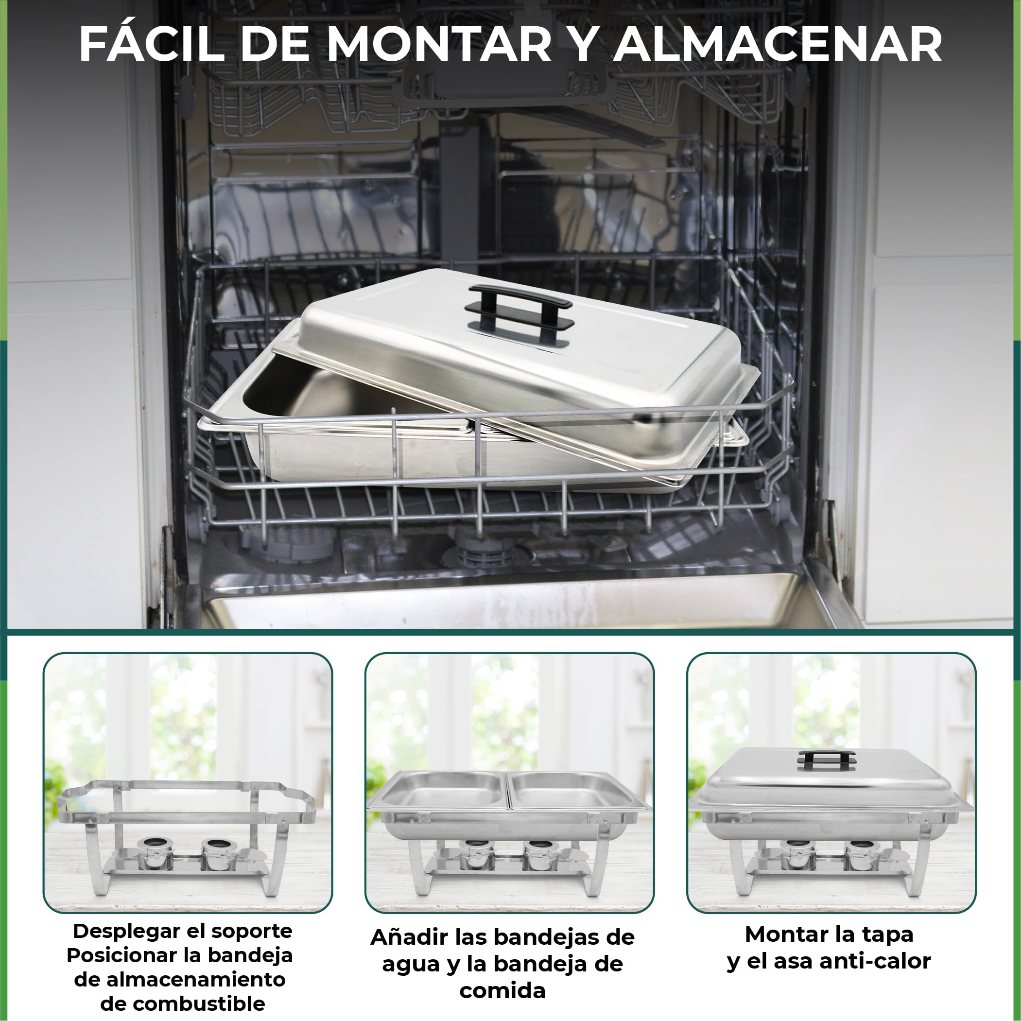 Pack de 4 Calentadores de Platos LEUTHERIA - Chafing Dish Profesional/Acero Inoxidable alimentario para Buffet/baño maría Profesional/Mantenimiento en Caliente/Catering/Hotel/Restaurante