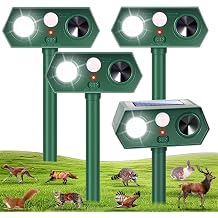 2026 Upgraded Solar Ultrasonic Animal Repeller Deer Repellent Devices with Motion Sensor & LED Strobe Cat Deterrent Outdoor to Keep Away Squirrel Rabbit Raccoon Dog for Yard, Lawn, Garden 4 Pack