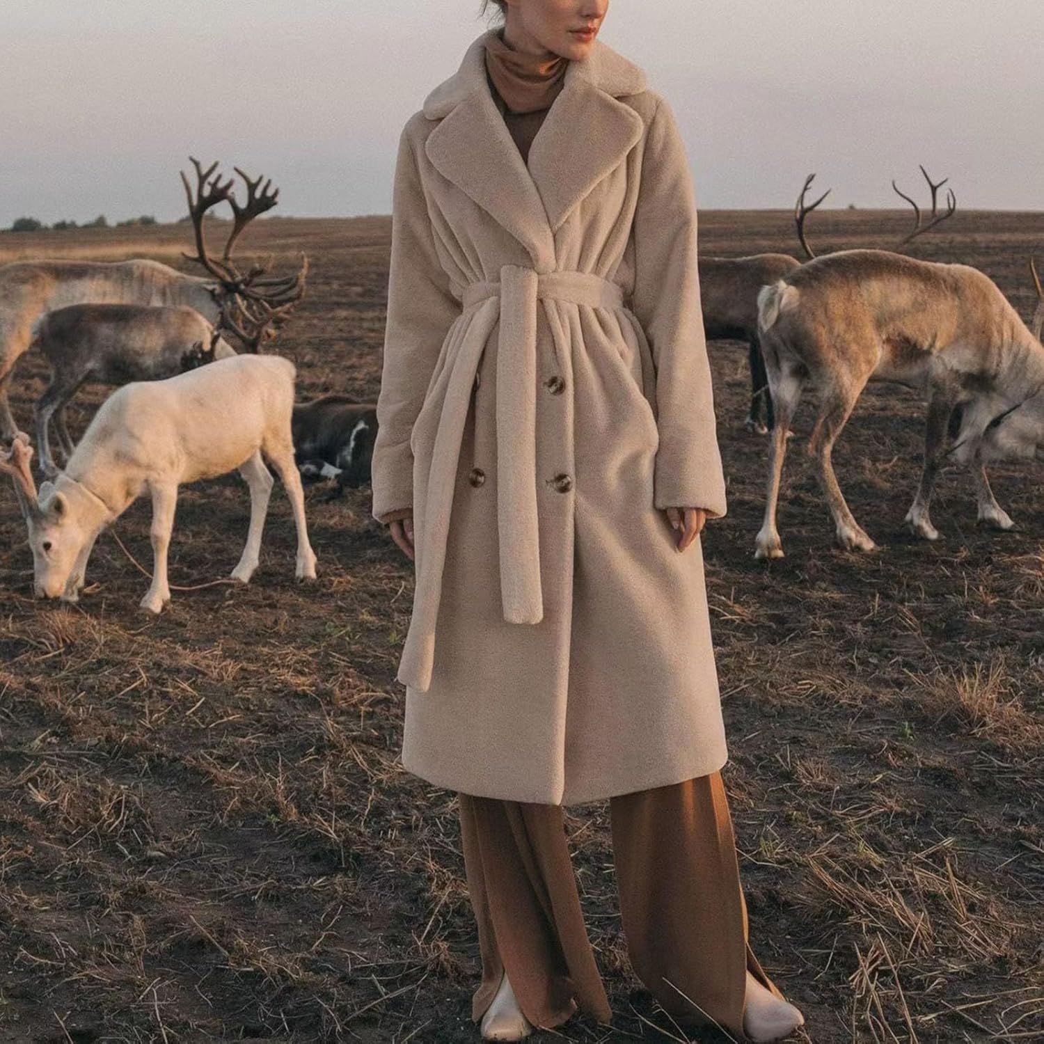 Full Long Faux Fur Trench Coat for Womens Double Breasted Pea Coats Long Sleeve Lapel Winter Shaggy Jackets with Belt