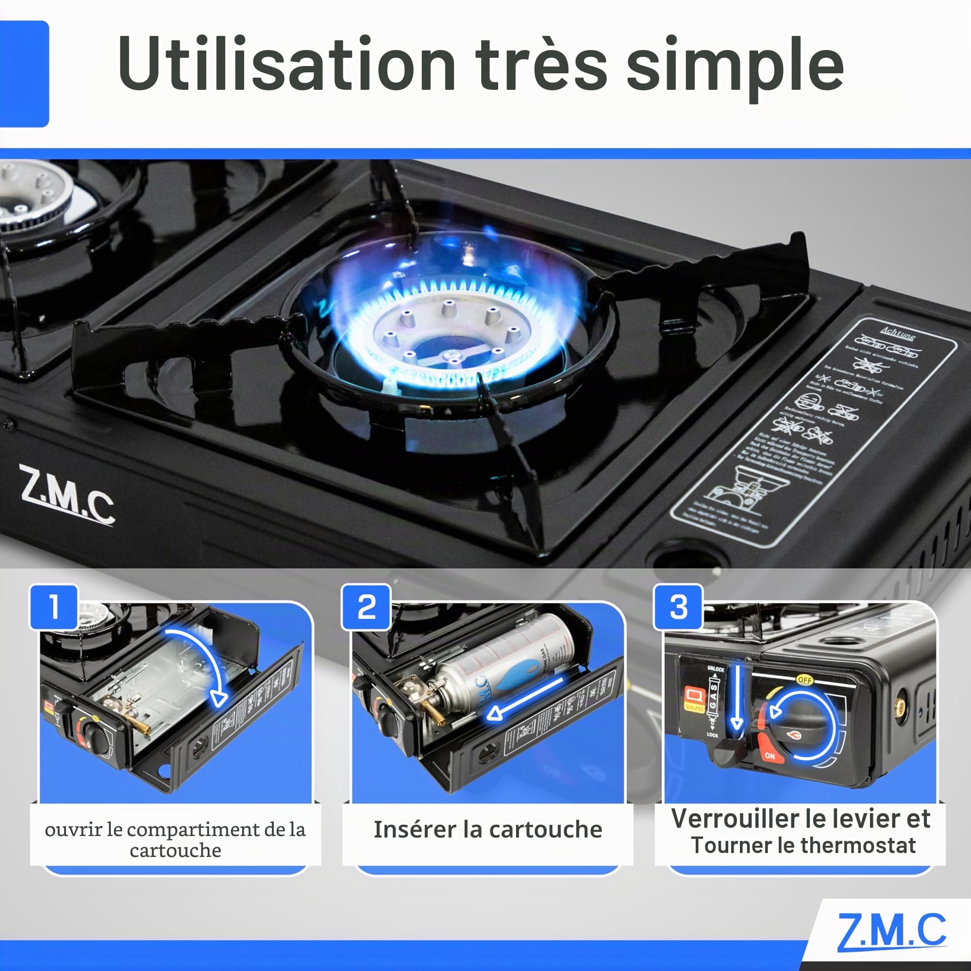 Z.M.C ZMC Réchaud à gaz de camping 2 feux 45x24 cm avec allumage piézoélectrique + adaptateur GPL + 8 cartouches 227 g