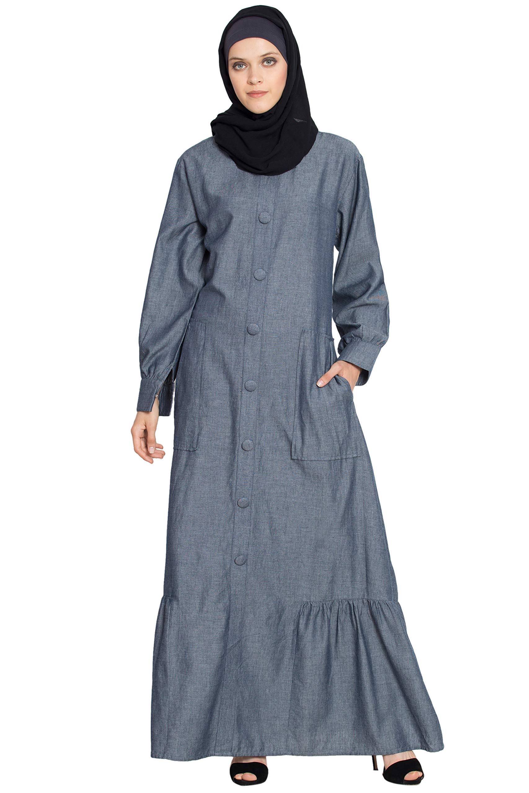 nazneen A line Abaya and Frill at bottom with Dual Side Patch Pockets (NHF85, Blue Denim)-picture-1