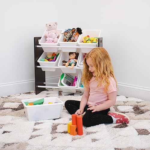 Miniatura 8 de Humble Crew Organizador de juguetes de 9 compartimientos Journey Natural Espresso con contenedores de plástico blanco, solución de almacenamiento de