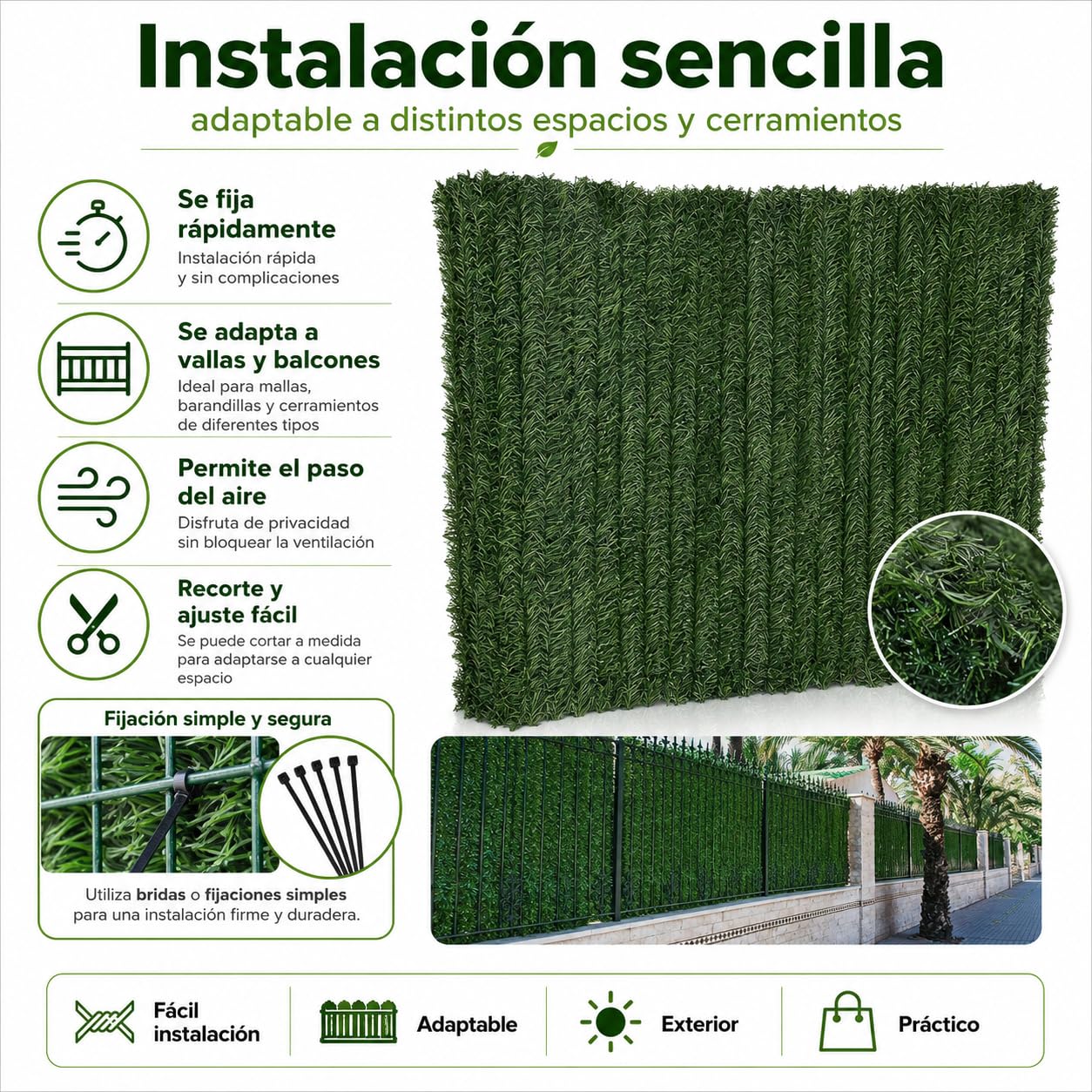 Seto Artificial Ocultación Jardín, Pack 2 Unidades de 1x3m, para Jardin o Terraza, Ocultación 90%, Seto Decorativo, Tratamiento UV, fijación con Alambre, Color Verde